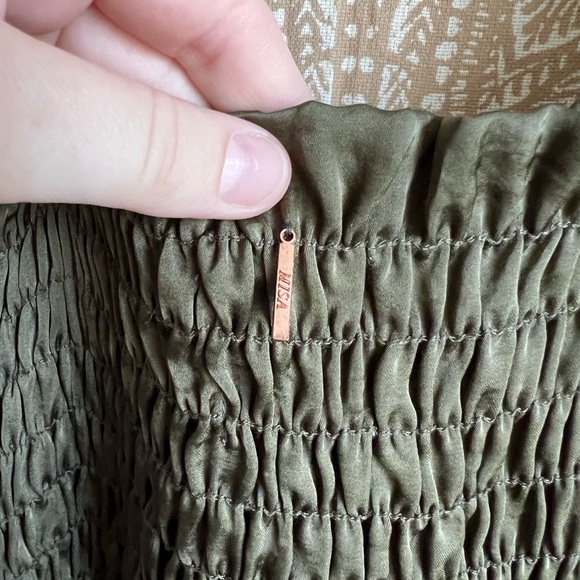 Misa Los Angeles Olive Green Smocked Satin Tank with Braid Design on Ruffle - Picture 8 of 8